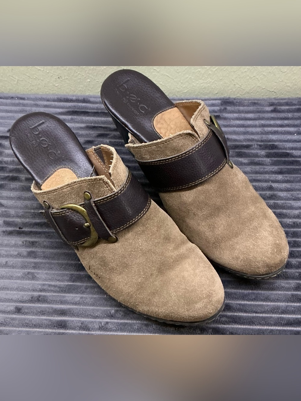 "B.O.C." Born Concept Y2K Buckle Boho Suede Patchwork Block Heel Mules Clogs 8